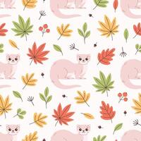 Seamless pattern with cute ferret and autumn leaves. Flat, hand drawn texture for wallpaper, textile, fabric, paper. vector