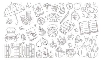 Autumn elements set. Cute and cozy seasonal objects. Fall, Thanksgiving Day. Autumn coloring book vector