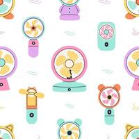 Seamless pattern with modern portable fans. Table fan, hand fan. Mini electric fan. vector