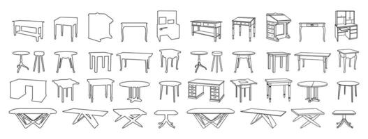 Set of tables, sketch of furniture, black and white linear illustration vector