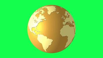 Golden Globe Earth Rotation Animation on Green Screen Background, Golden Earth Spinning video