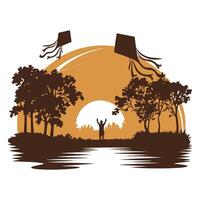 Graphic silhouette of a youngster flying a kite vector