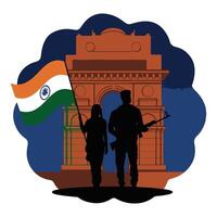 Patriotic Illustration of India Gate Honoring Independence with Flag-Waving Figure and National Colors vector