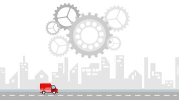 Delivery truck driving in front of tall building with rotating gear animation video