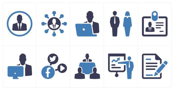 A set of 10 mix icons as user profile, user network, busy man vector