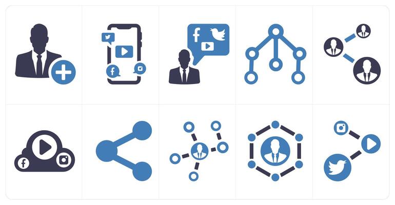 A set of 10 social icons as add user, social media, social media user account