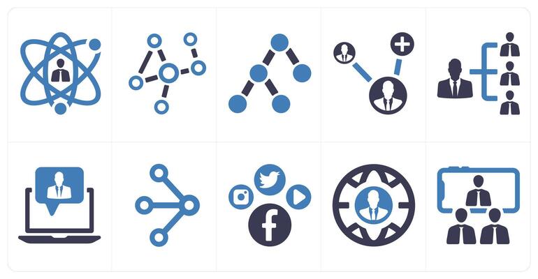 A set of 10 social icons as user network, network link, lin