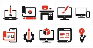 A set of 10 design and creativity icons as website launch, design, office desc, custom design vector