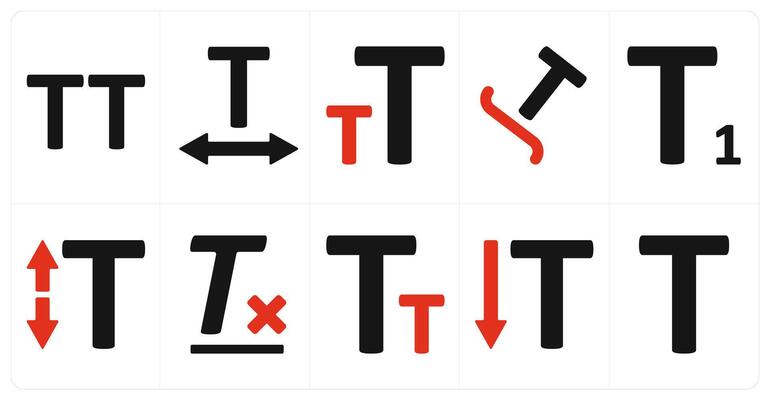 A set of 10 editing tools icons as capital letter, letter spacing, text size