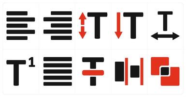 A set of 10 editing tools icons as text align left, text align right, text size vector