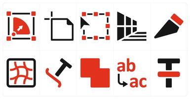 A set of 10 editing tools icons as symmetrical scale, text area, transform vector