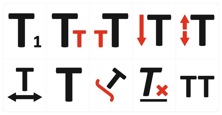A set of 10 editing tools icons as subscript, font size, text size
