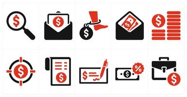 A set of 10 finance and money icons as search investment, banking, debt vector