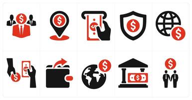 A set of 10 finance and money icons as investor, bank location vector