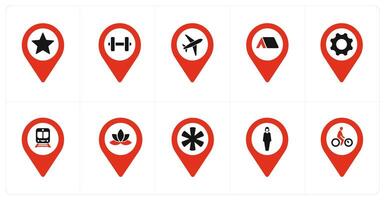 A set of 10 Location Pointer icons as favorite, gym, aeroplane vector