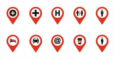 A set of 10 Location Pointer icons as hospital, hospital location, washroom vector