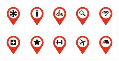 A set of 10 Location Pointer icons as asterix, female, cycling vector
