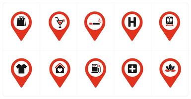 A set of 10 Location Pointer icons as shopping bag, cold drink, smoking vector