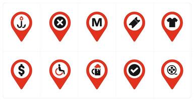 A set of 10 Location Pointer icons as anchor, delete, metro station vector