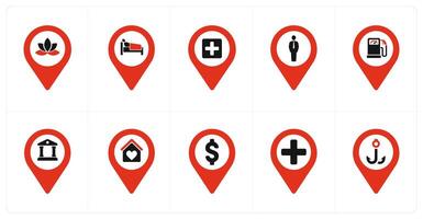 A set of 10 Location Pointer icons as fitness, rest house, hospital vector
