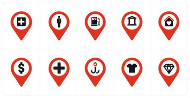 A set of 10 Location Pointer icons as hospital, human, petrol pump vector