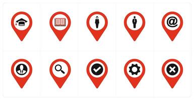 A set of 10 Location Pointer icons as graduation, library, female vector