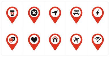 A set of 10 Location Pointer icons as beverage, delete, direction vector
