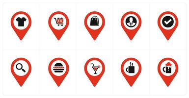 A set of 10 Location Pointer icons as shopping, shopping cart, shopping bag vector