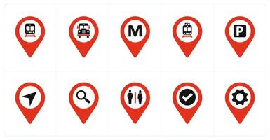 A set of 10 Location Pointer icons as train, bus station, metro station vector