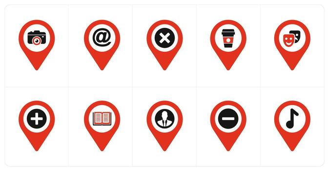 A set of 10 Location Pointer icons as camera, email, delete vector