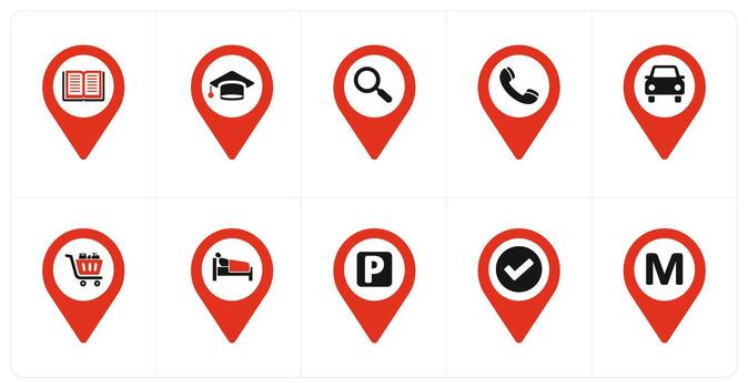 A set of 10 Location Pointer icons as library, graduation, search vector