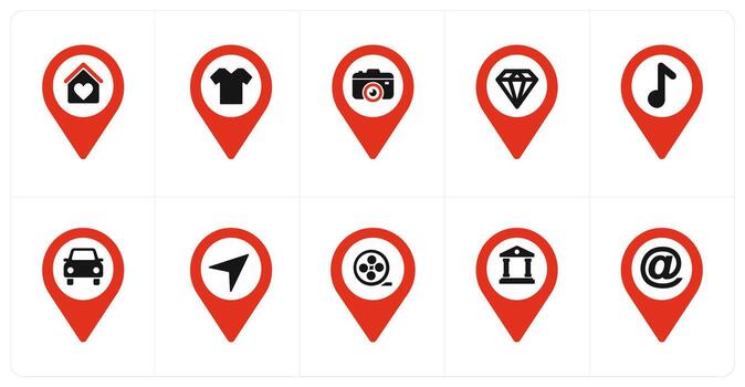 A set of 10 Location Pointer icons as house, shopping, camera vector