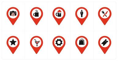A set of 10 Location Pointer icons as camera, beverage, bar vector