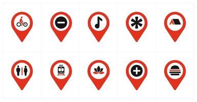 A set of 10 Location Pointer icons as cycling, trash, audio vector