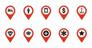 A set of 10 Location Pointer icons as rest house, human, bank vector