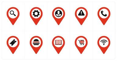 A set of 10 Location Pointer icons as search, options, profile vector