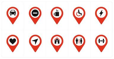 A set of 10 Location Pointer icons as car parking, trash, beverage vector