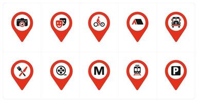 A set of 10 Location Pointer icons as camera, comedy, cycling vector