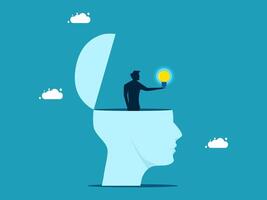 businessman is standing inside of a head with a light bulb vector