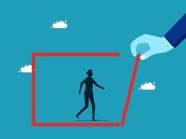 a hand is holding a red line to man walking in a box vector