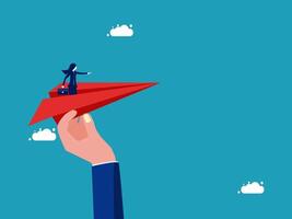businessman on paper plane with business card in hand vector