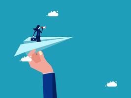 businessman on paper plane with business card in hand vector