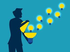 a man holding a light bulb with many light bulbs coming out of it vector