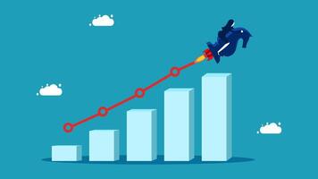 a man is riding a rocket up a bar chart vector