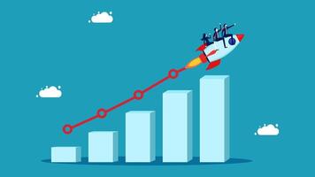 a rocket is flying over a bar chart with a line going up vector