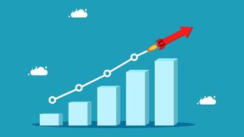 a red arrow is going up a bar chart vector