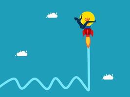 a man is flying on a rocket with a light bulb vector