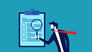 businessman with a magnifying glass and checklist on a blue background vector