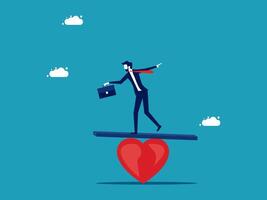 businessman balancing on heart with briefcase on top vector