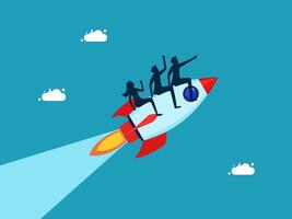 business people riding on a rocket with a blue sky background vector